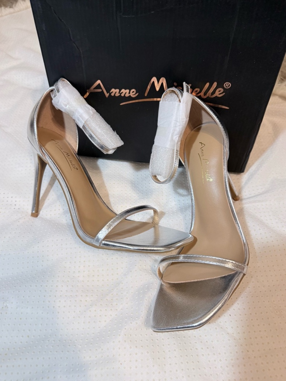 Anne Michelle Silver Open-Toe Ankle-Strap Stiletto Heels